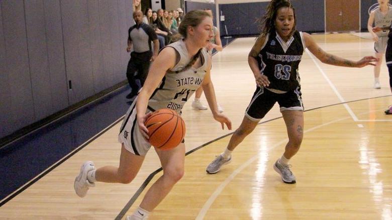 Penn State DuBois sophomore forward Rebecca Martin dribbles and drives with the basketball during a recent home game against Berkeley College at the PAW Center.